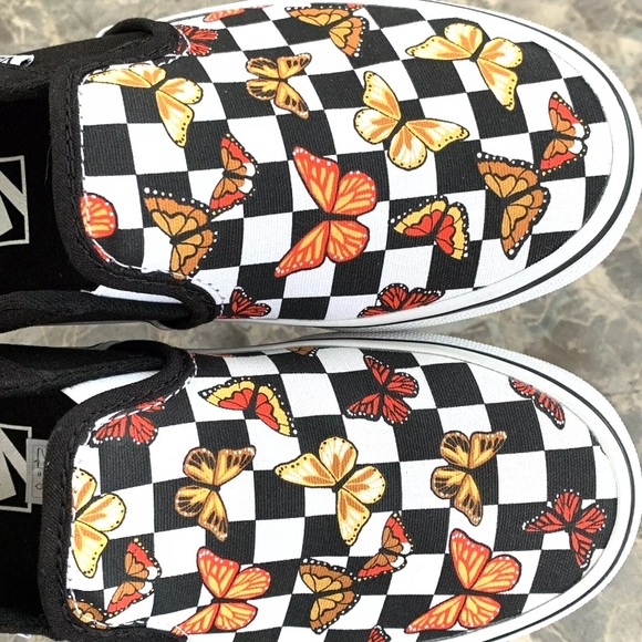 Vans Asher Butterfly Checkerboard Slip On Shoes Womens Size 6 Black VN000VOSJBW - Picture 2 of 13